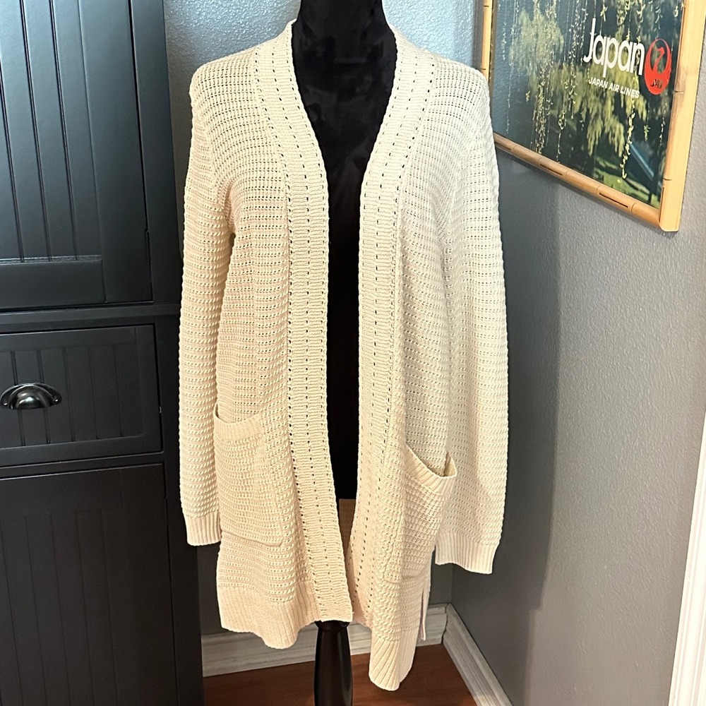 St. John's Bay Open Front Long Cardigan Sweater Medium Cotton Boho Cozy